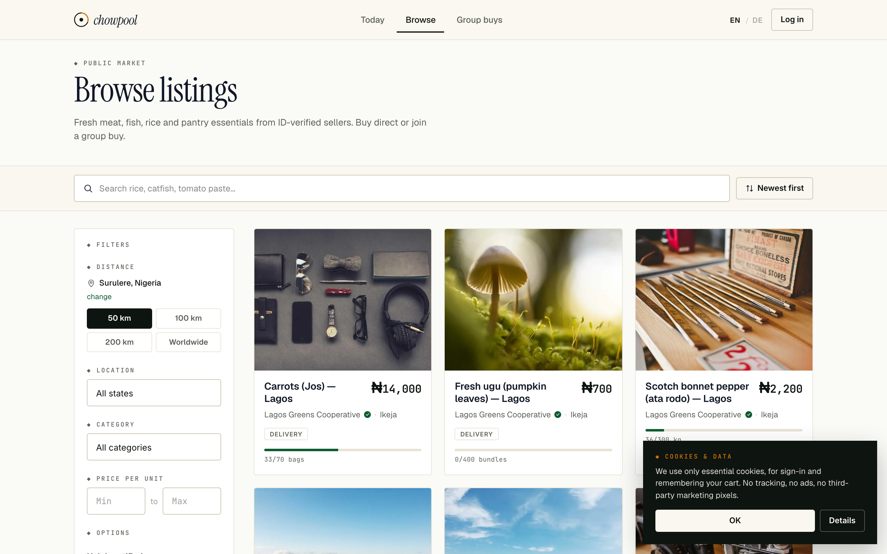 Browse listings: filterable marketplace of ID-verified Nigerian sellers.