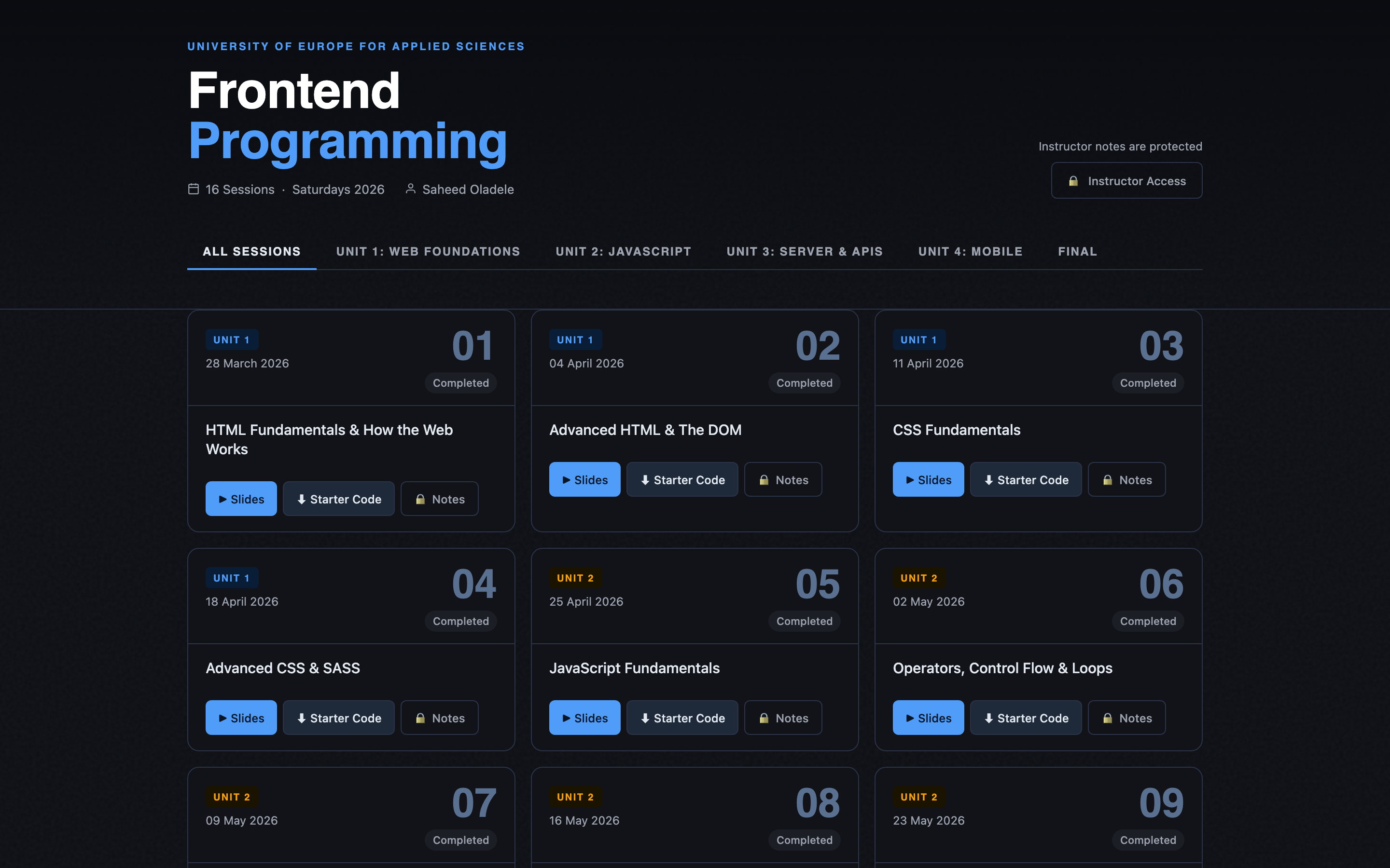Frontend Programming course portal: 16 sessions across four units, taught on Saturdays.